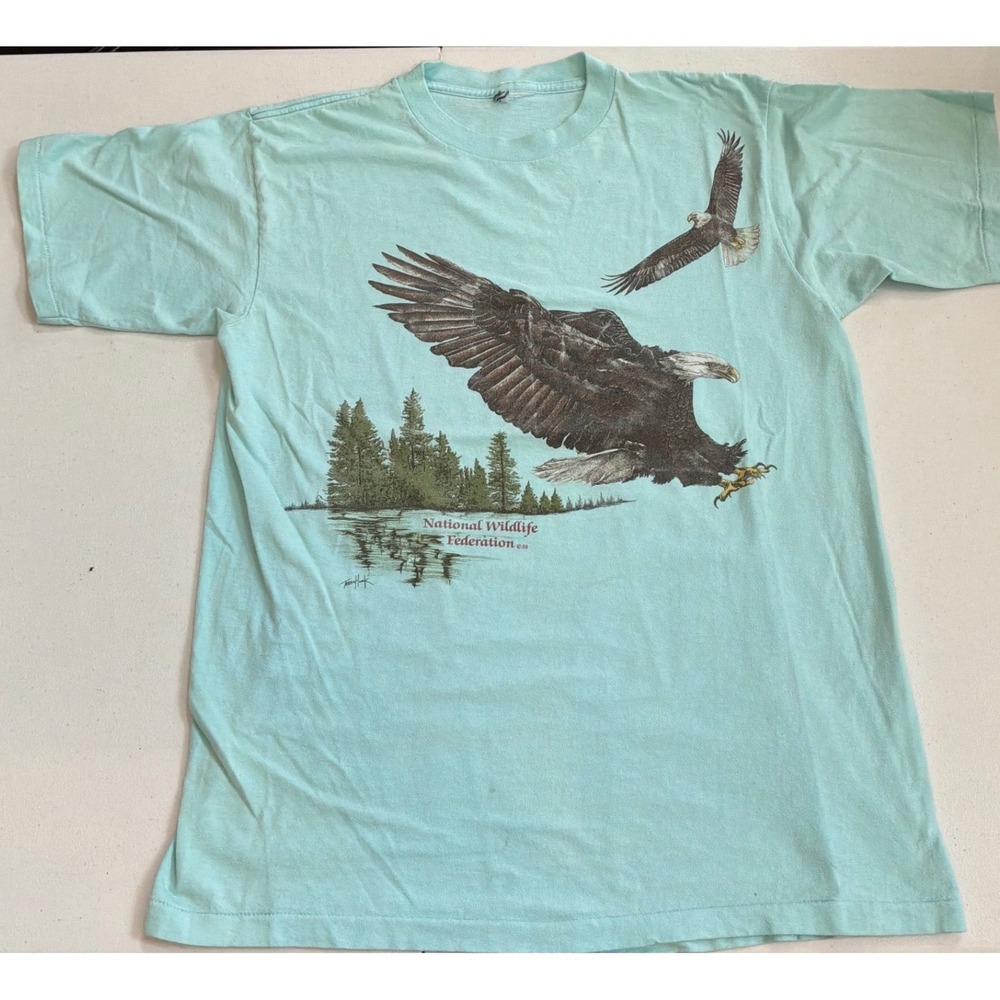 Vintage 1989 National Wildlife Federation Eagle T-Shirt Aqua Blue Single Stitch